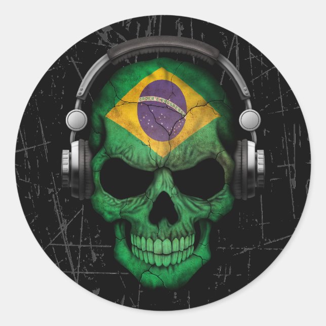 Scratched Brazilian Dj Skull with Headphones Classic Round Sticker (Front)