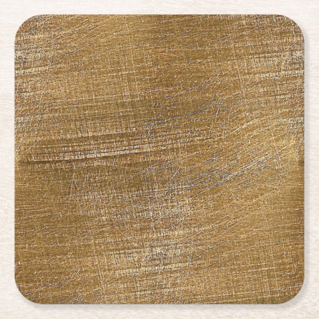 Scratched Brushed Gold Metal Look Square Paper Coaster (Front)