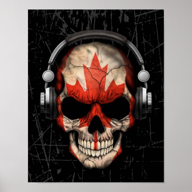 Scratched Canadian Dj Skull with Headphones Poster (Front)
