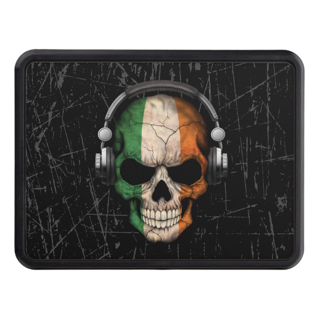 Scratched Irish Dj Skull with Headphones Trailer Hitch Cover (Front)