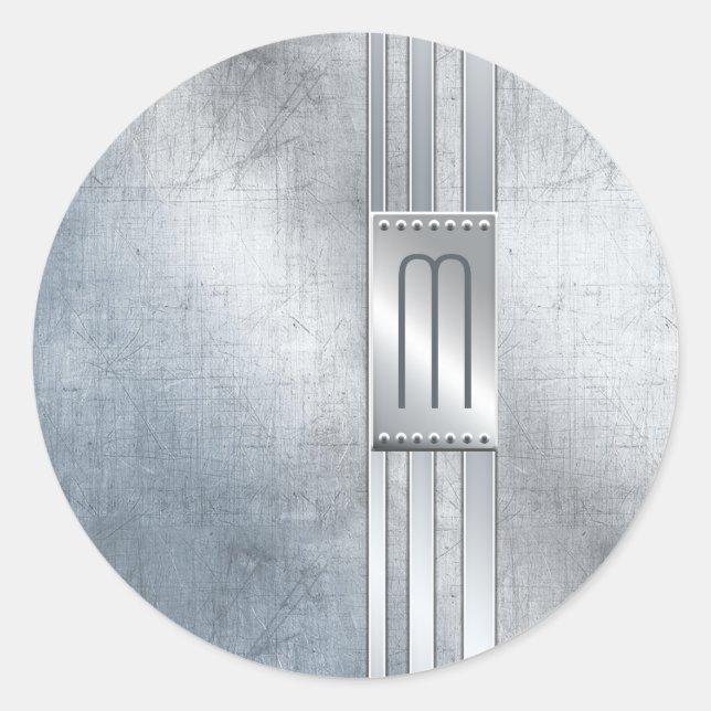 Scratched Metal Stripes Monogram Blue ID443 Classic Round Sticker (Front)