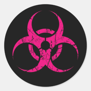 Scratched Pink Biohazard Symbol on Black Classic Round Sticker