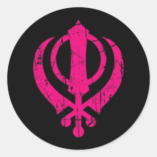 Scratched Pink Sikh Khanda Symbol on Black Classic Round Sticker