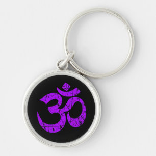 Scratched Purple Yoga Om Symbol on Black Keychain