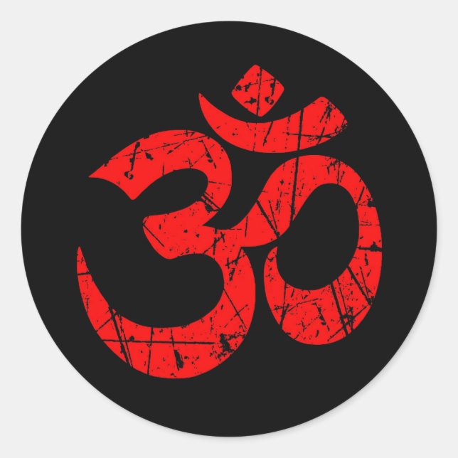 Scratched Red Yoga Om Symbol on Black Classic Round Sticker (Front)
