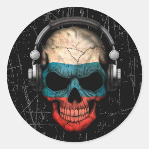 Scratched Russian Dj Skull with Headphones Classic Round Sticker