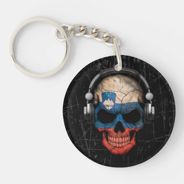 Scratched Slovenian Dj Skull with Headphones Keychain (Front)