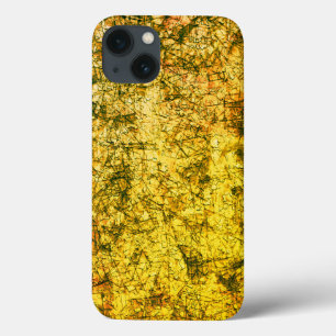 Scratches on a lightly spotted ochre yellow iPhone 13 case