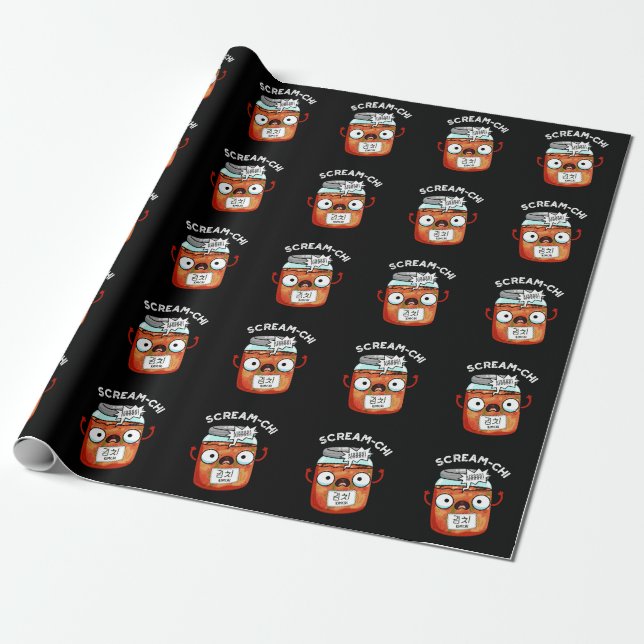 Scream-chi Funny Kimchi Puns Dark BG Wrapping Paper (Unrolled)