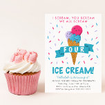 Scream Four Ice Cream 4th Birthday Party Invitation<br><div class="desc">Cute and colourful ice cream theme kid's birthday party invitation card featuring a hand drawn illustration of a waffle cone with 3 scoops of ice cream (pink, blue, and lavender). There are sprinkles around. The text says "I scream, you scream, we all scream FOUR ice cream!" Perfect for kid's 4th...</div>