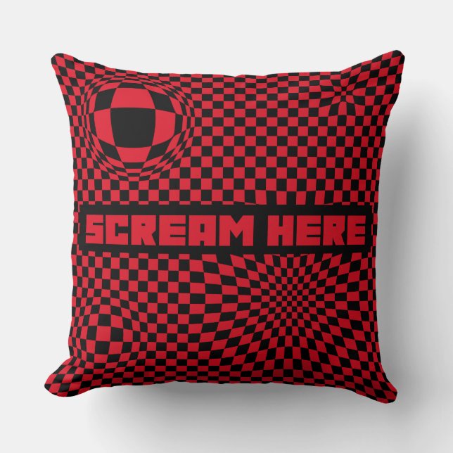 Scream Here | Red Chequered Optical Illusion Throw Pillow (Front)