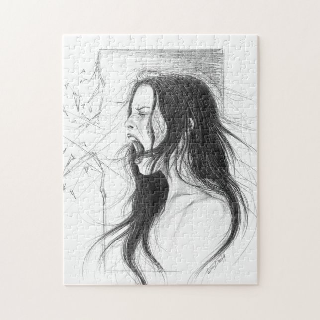 Screaming angry woman pencil drawing art jigsaw puzzle (Vertical)