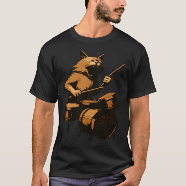 Screaming Cat Playing Drums  T-Shirt (Front)