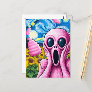 Screaming Pink Alien Sunflower Field Cotton Candy Postcard