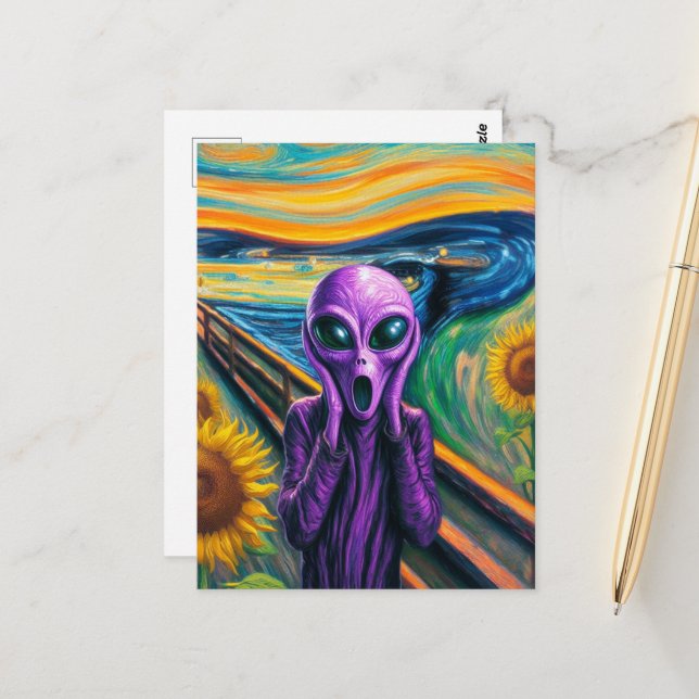 Screaming Purple Alien Fine Art Parody Postcard (Front/Back In Situ)