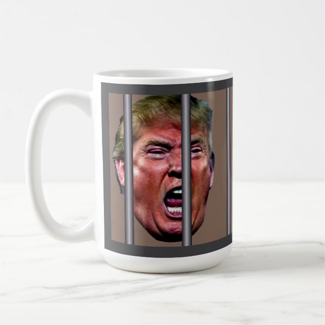 Screaming Whining Trump Head Behind Prison Bars Coffee Mug (Left)