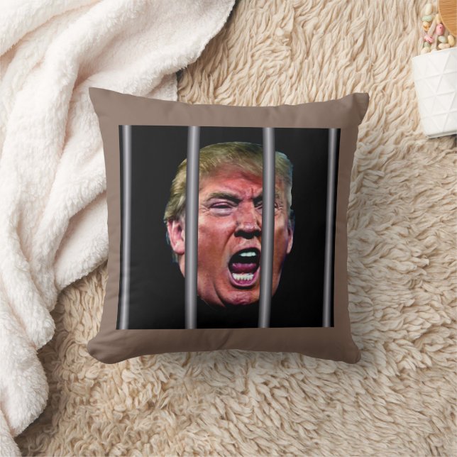 Screaming Whining Trump Head Behind Prison Bars Throw Pillow (Blanket)