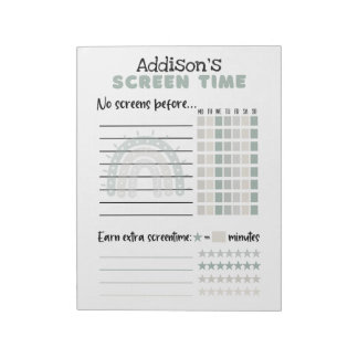 Screen time chart on tear-away notepad, with name notepad