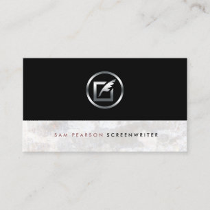 Screenwriter Bold Silver Quill Paper Icon Elegant Business Card
