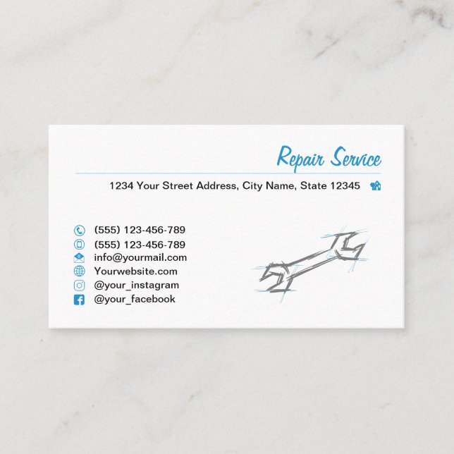 Screw wrench, hand drawn. Repair Service, Mechanic Business Card (Front)