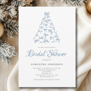 Scribble Blue Bow Christmas Tree Bridal Shower  Invitation