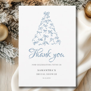 Scribble Blue Bow Christmas Tree Bridal Shower  Thank You Card