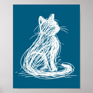 Scribble Cat Minimal Line Art Japanese  Poster