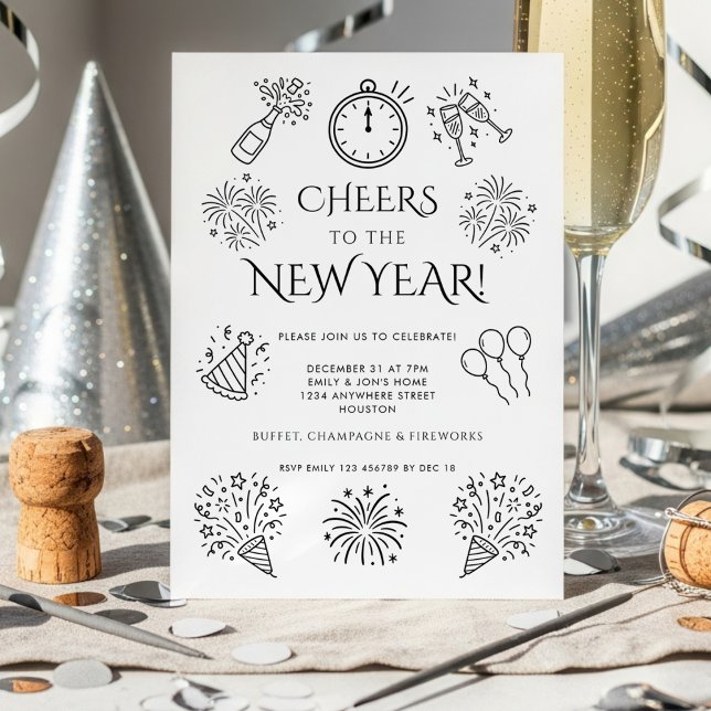 Scribble Doodles Cheers to New Year Party Invitation (Creator Uploaded)
