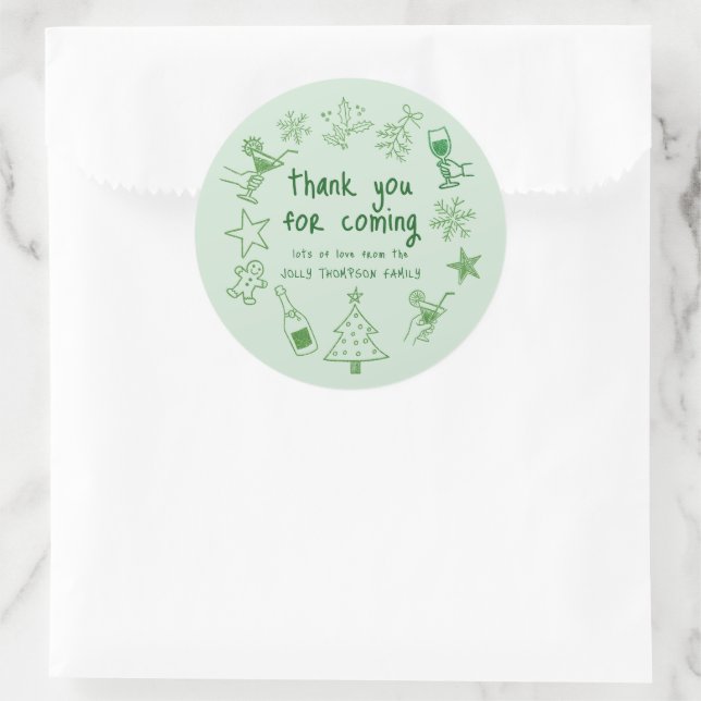 Scribble Doodles Glitter Green Thank You Classic Round Sticker (Bag)