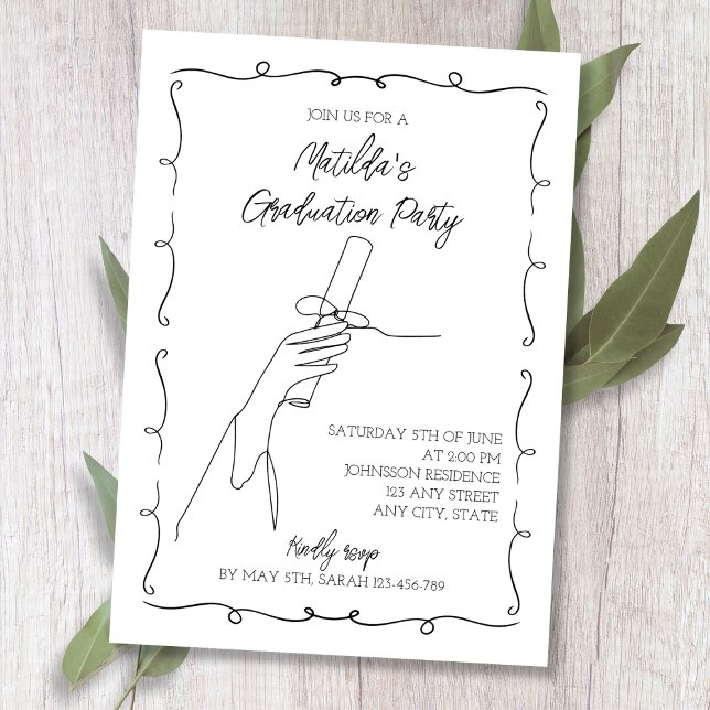 Scribble Hand Drawn Black & White Graduation Party Invitation (Hand Drawn Black & White Chic 2024 Graduation Invitation)
