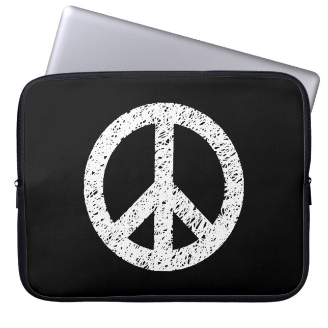 Scribble Stencilled Peace Symbol - White on Black Laptop Sleeve (Front)