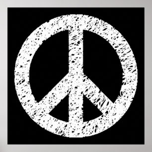 Scribble Stencilled Peace Symbol - White on Black Poster