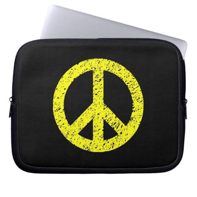 Scribble Stencilled Peace Symbol - Yellow on Black Laptop Sleeve (Front)