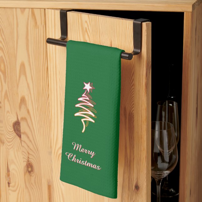 Scribble Tree + Star Merry Christmas Green   Kitchen Towel (Thirds Fold)