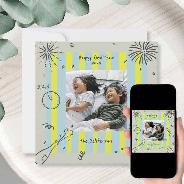 Scribbled Doodle New Year Photo Card (Creator Uploaded)