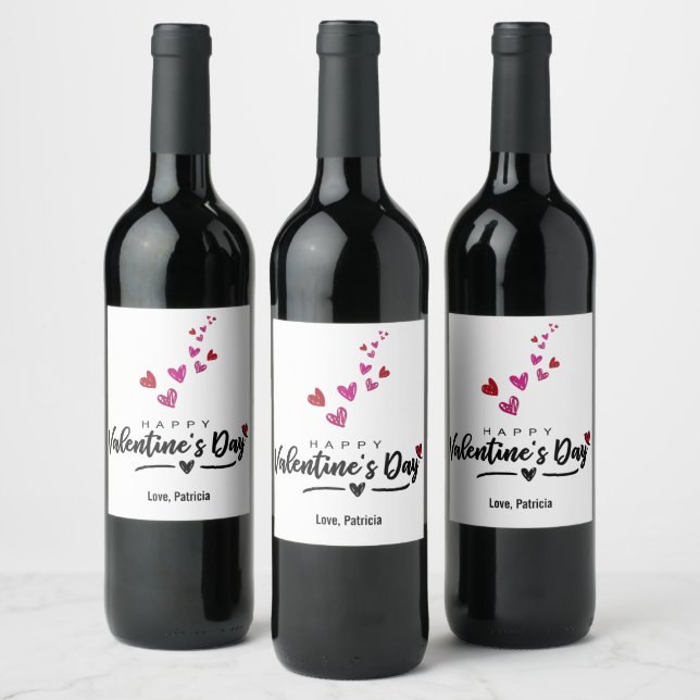 Scribbled Hearts Red Pink Valentine's Day Script Wine Label (Bottles)