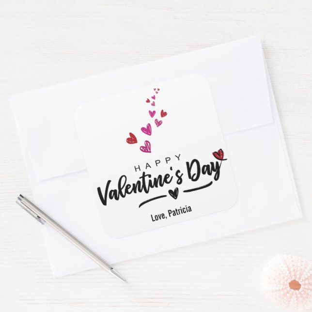 Scribbled Hearts Valentine's Day Script Red Pink Square Sticker (Envelope)