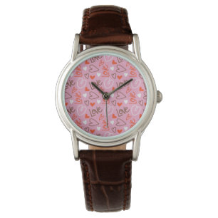 Scribbled Love Hearts Classic Brown Leather Strap  Watch