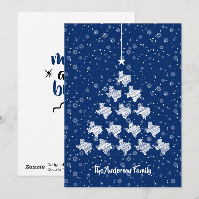 Scribbled Texas Christmas Tree on Blue Holiday Card (Front/Back)