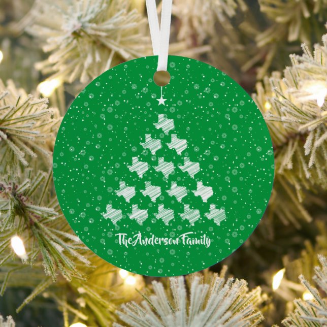 Scribbled Texas Christmas Tree on Green Photo Metal Ornament (Insitu)