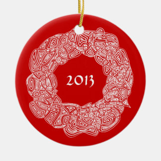 Scribbleprints Wreath - White, on Red Ceramic Ornament