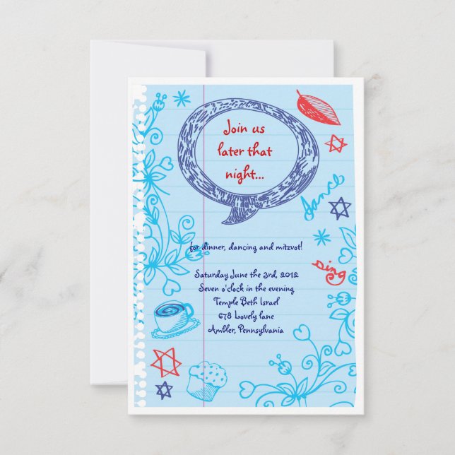 SCRIBBLES on NOTEPAPER Bat Bat Mitzvah Party Card (Front)