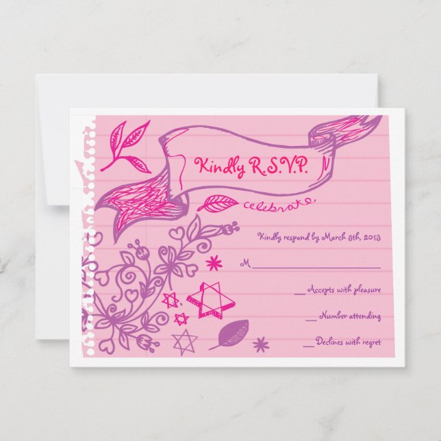 SCRIBBLES on NOTEPAPER Bat Bat Mitzvah Reply Card (Front)