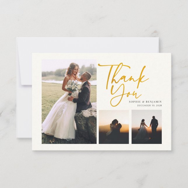  Script 4 Photos Gold Hand-Lettered Wedding Thank You Card (Front)