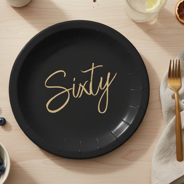 Script 60th Birthday Black Paper Plate (Creator Uploaded)