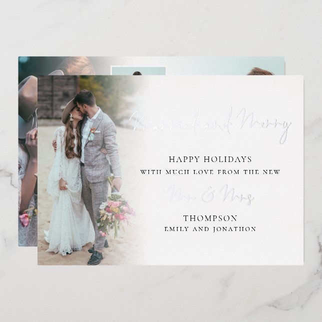Script 6 Photos Married and Merry Christmas Real F Foil Holiday Card (Front/Back)