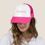 Script Add Your Name Elegant Pink Girls Modern Trucker Hat<br><div class="desc">Personalized Initial Letter Name For Him For Her Template Elegant Trendy Pink And White Trucker Hat.</div>