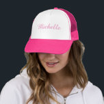 Script Add Your Name Elegant Pink Girls Modern Trucker Hat<br><div class="desc">Personalized Initial Letter Name For Him For Her Template Elegant Trendy Pink And White Trucker Hat.</div>