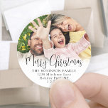 Script and Photo Christmas Return Address Labels<br><div class="desc">Add a stylish finishing touch to holiday card envelopes with custom photo round return address labels. All text on this template is simple to personalize with any wording, such as Merry Christmas, Happy Holidays, Seasons Greetings, or Happy New Year. As an option, change the script typography to your name, and...</div>