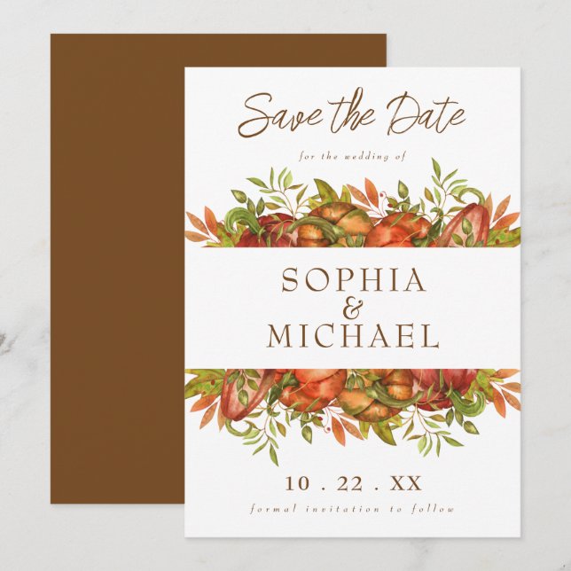 Script Autumn Pumpkins Fall Botanicals Save The Date (Front/Back)